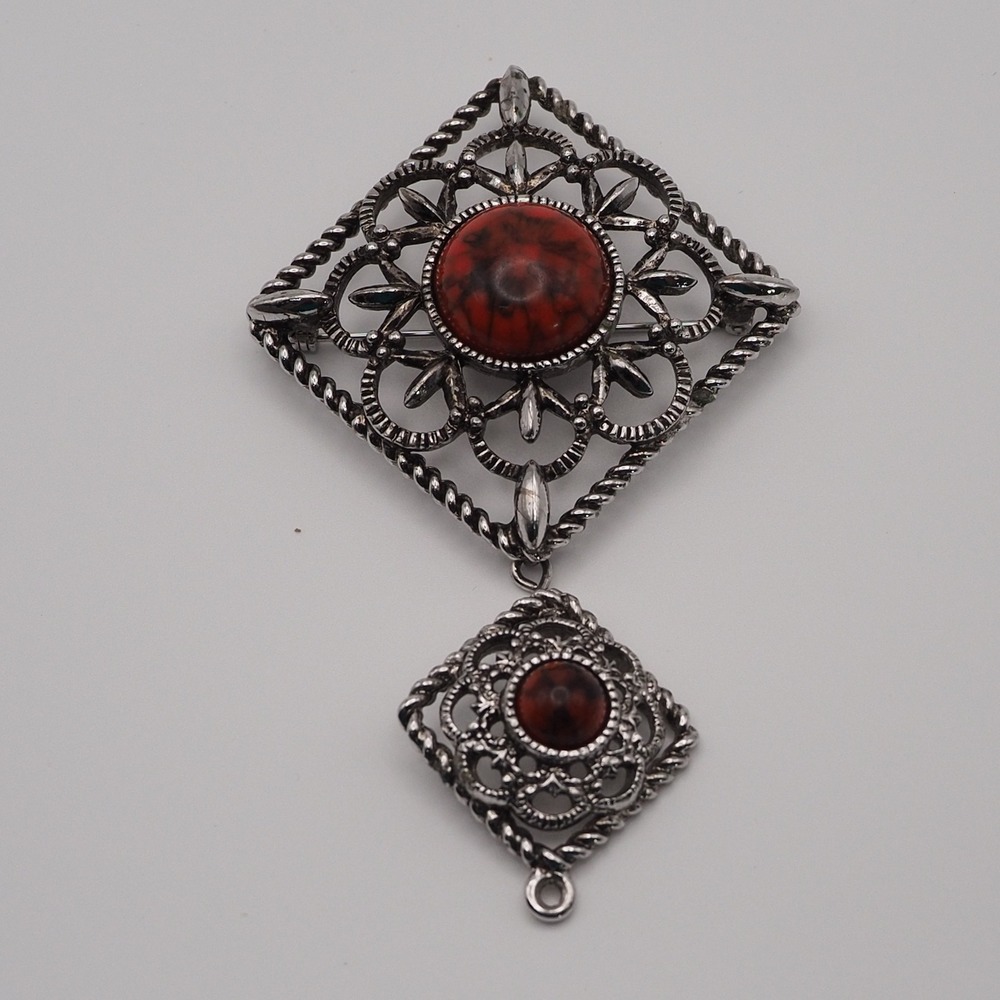 VTG Sarah Coventry Brooch Pendant Inca Fire Red Silver Tone Filigree Heirlooms